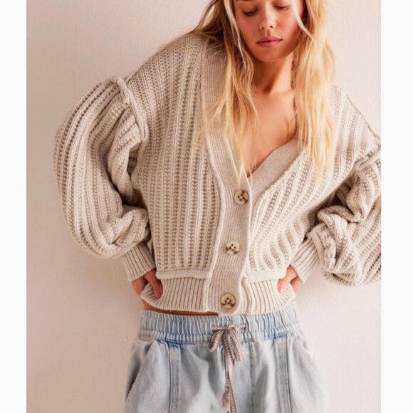 NEW Free People We The Free Calling You Cardi L/XL Oatmeal Beige Knit - Picture 1 of 5